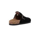 Zueco negro de cuero sintético con plantilla de corcho, tira ancha con hebilla metálica ajustable y suela plana.