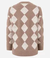 Cardigan de punto con estampado de cuadros argyle en tonos marrón y beige. Presenta escote en V, cierre frontal con botones, mangas largas con puños acanalados y corte recto.