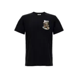 Camiseta de algodón color negro, de corte regular, con estampado frontal pequeño del icónico oso de Moschino sobre un plato y el logo de la marca.