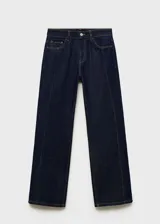 Jeans de corte recto y tiro medio en color azul oscuro (rinse wash), con costuras decorativas verticales en el frente y cinco bolsillos clásicos.