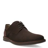 Zapatos de vestir Democrata modelo Bay, color marrón café, con diseño acordonado y textura microperforada en la parte frontal. Presentan una suela de goma con detalle de costura visible.