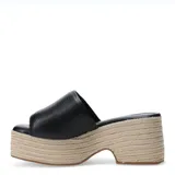 Zuecos de mujer marca Bottero, con capellada de cuero negro y plataforma de yute trenzado.