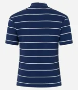 Blusa de ribana color marrón con rayas horizontales blancas, cuello medio, mangas cortas y corte ajustado.