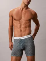 Pack de tres bóxers Calvin Klein Icon Cotton Stretch, confeccionados en mezcla de algodón supersuave y elastano. Incluye un bóxer liso de color negro, uno con estampado geométrico de monogramas en tonos verdes y azulados, y uno liso en color verde menta. Todos cuentan con cintura elástica con logo de la marca.