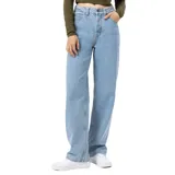 Pantalón de jean celeste, de corte recto y tiro alto.