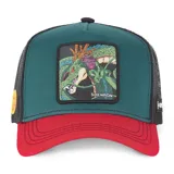 Gorra tipo trucker de CapsLab con diseño de Shenron de Dragon Ball. Presenta frente y visera en colores verde y rojo, con panel posterior de malla negra y parche bordado del personaje en el frente.
