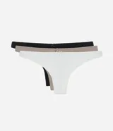 Kit de tres bombachas colaless de talle bajo, confeccionadas en algodón con detalle de pequeño moño en el centro de la cintura. Incluye una prenda en color blanco, una en tono beige y una en color negro.
