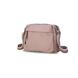 Bandolera de nylon color azul marino, con correa ajustable de cinta bicolor, múltiples bolsillos frontales con cierre y compartimento principal con organizadores internos.