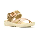Sandalia deportiva Merrell con tiras de malla en tono beige y correas ajustables con hebilla color salmón. Cuenta con una base de goma EVA ergonómica y antideslizante.