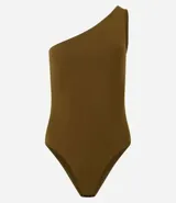 Body de microfibra con diseño asimétrico de un solo hombro y sin mangas, confeccionado en tejido elástico de poliamida.