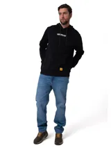 Buzo con capucha negro de corte clásico, confeccionado en tejido French Terry. Presenta estampado de la marca en el pecho, bolsillo tipo canguro frontal con etiqueta de logo, cordones ajustables a rayas amarillas y negras, y terminaciones en punto acanalado.