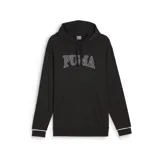 Buzo negro con capucha y cordones ajustables, de corte estándar y manga larga. Presenta un bolsillo tipo canguro y el logo de Puma estampado en el pecho con borde blanco.