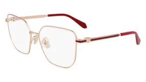 Lentes de receta Ferragamo con armazón metálico en tono oro rosa, de forma cuadrada y diseño elegante. Presenta detalles en color rojo en las patillas y terminales de acetato a juego.