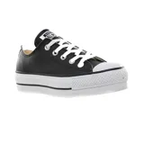 Zapatillas Converse Chuck Taylor All Star de cuero negro con plataforma blanca y cordones blancos.