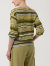 Sweater de punto RKF modelo Samba, confeccionado con mezcla de algodón orgánico, acrílico, lino orgánico, tencel y nylon. Presenta diseño de rayas horizontales en tonos verde, amarillo, gris y beige, con cuello redondo y mangas largas.