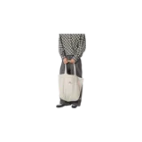Bolso tipo tote bag de lona color beige, con doble juego de asas (cortas y largas), bolsillos laterales y el logo de la marca estampado en color marrón en el frente.