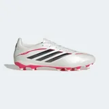 Championes de fútbol Adidas modelo Copa Pure IV League para terreno firme, en color blanco perlado con las icónicas tres tiras en negro y detalles en fucsia. Presentan un diseño aerodinámico con suela técnica de tacos para tracción óptima.