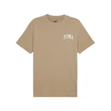 Remera color arena de corte clásico, con cuello redondo y mangas cortas. Estampado en el pecho con el logo de Puma y la palabra "Squad" en tipografía universitaria.