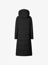 Parka larga acolchada color negro con capucha, cierre frontal con cremallera y bolsillos laterales.