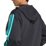 Campera con capucha y cierre frontal Adidas de la colección Mercedes AMG Petronas F1 Team, de color negro con tiras turquesas en las mangas y bolsillos tipo canguro.