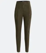 Pantalón legging de tiro alto color verde oliva, confeccionado en material sintético con recortes verticales y cierre lateral con cremallera.