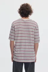 Remera de manga corta con patrón de rayas horizontales, cuello redondo y efecto lavado washed. Cuenta con un pequeño texto bordado en el pecho.