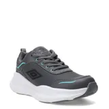 Championes deportivos Umbro modelo Dash, color gris oscuro con detalles en cian. Presentan una suela blanca de plataforma, cierre con cordones y el logo de la marca en el lateral y la lengüeta.