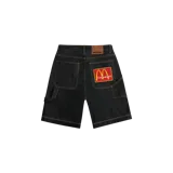 Bermuda de denim color azul oscuro con diseño cargo, bolsillos traseros amplios y parche bordado con colaboración de McDonald's y Cactus Jack en el bolsillo derecho.