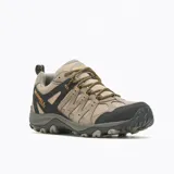 Championes de trekking Merrell modelo Accentor 3 WP, color marrón con detalles en negro y naranja. Diseño impermeable con parte superior de ante y malla, puntera protectora de goma y suela de alta tracción.