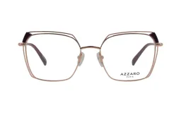 Armazón para lentes de metal color oro rosa con detalles en color borgoña en las esquinas superiores. Diseño geométrico con doble línea en el contorno de los lentes.