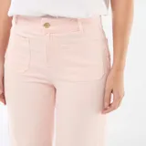 Pantalón de corte wide leg en color rosa, con tiro medio, cierre frontal con botón y bolsillos delanteros tipo parche.