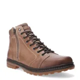 Botas de cuero marrón oscuro tipo borcego, con cordones frontales, cierre lateral y suela de goma acanalada.