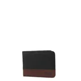 Billetera plegable de cuero con diseño bicolor en negro y marrón, con el logo de la marca grabado en la parte inferior.