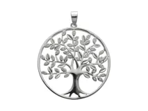 Dije redondo de plata 925 con diseño calado de árbol de la vida y pequeñas circonias engarzadas en las hojas.