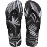 Ojotas Havaianas negras con estampado de hojas en blanco y gris.