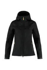 Campera azul de corte clásico, con capucha y cierre frontal.