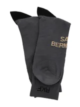 Calcetín gris de caña media con estampado de perro San Bernardo y logo RKF en la parte superior. Presenta talón en color negro y texto bordado en el empeine.
