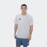 Remera deportiva Umbro modelo Bosse, de color gris claro con rayas verticales sutiles en el frente y mangas cortas. Cuenta con el logo de la marca estampado en el pecho.
