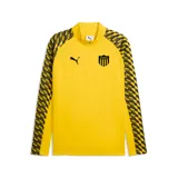 Buzo deportivo Puma de entrenamiento del Club Atlético Peñarol, con cierre de un cuarto en el cuello. Presenta un diseño en color amarillo con mangas estampadas en patrón geométrico negro y amarillo, incluyendo el logo de la marca y el escudo del club en el pecho.