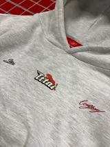 Buzo con capucha gris jaspeado, de corte holgado, con estampado gráfico en la espalda que incluye el texto 'Ittai Company' y una figura de un animal en color rojo.