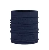 Cuello multifuncional de lana merino, diseño tubular sin costuras en color azul marino, ideal para protección térmica en actividades al aire libre.