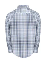 Camisa de manga larga para hombre, modelo Mild de RKF, con diseño a cuadros en tonos de azul y blanco. Confeccionada en mezcla de algodón orgánico, nylon y spandex, cuenta con cuello camisero, cierre frontal de botones y un bolsillo aplicado en el pecho con logo bordado.