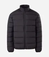 Campera acolchada tipo puffer, color marrón topo, con cuello alto y cierre frontal de cremallera. Presenta costuras horizontales que crean un efecto acolchado.