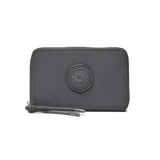 Billetera rectangular de material textil color negro, con cierre perimetral y logo circular de la marca Extra Large en el centro. Incluye una pequeña correa de mano con terminales metálicos.