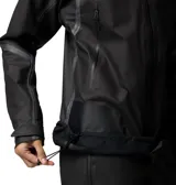 Campera impermeable de mujer Columbia modelo Whistler Peak Shell OutDry, en color negro con detalles reflectantes y costuras selladas. Cuenta con capucha ajustable, cremalleras frontales y laterales de poliuretano, y aberturas de ventilación.