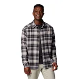 Camisa de manga larga de franela con estampado de cuadros en tonos grises y negros, con cuello clásico, cierre frontal de botones y bolsillo en el pecho.