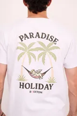 Remera blanca de manga corta con cuello redondo y estampado en la espalda con palmeras, ángel en una hamaca y las palabras 'Paradise Holiday' y 'Brixton'.