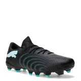 Championes de fútbol Puma Future 9 Match Fusion FG/AG para hombre, en color negro con detalles en verde menta. Presentan diseño texturizado en la parte superior y suela con tapones mixtos para canchas de césped natural y artificial.