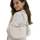 Cartera tipo hobo Guess modelo Danya, color blanco, con cierre superior, asa de hombro con textura y detalle de dije colgante con candado y logo de la marca.