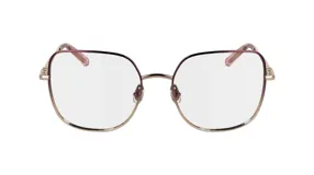 Lentes de receta con armazón metálico de diseño cuadrado, combinando tonos rosados y dorados con un acabado degradado en el borde superior.